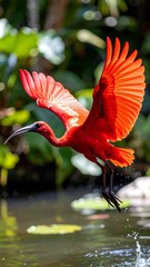 Scarlet bird in flight over water, wings spread wide