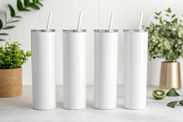Four blank white skinny tumblers with straws on a table with plants
