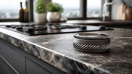 Fototapeta premium Decorative ring resting on a dark stone countertop.