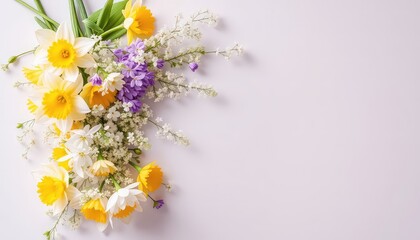 A fresh and vibrant bouquet of yellow, white, and purple flowers, artistically arranged on a bright surface, providing ample copy space
