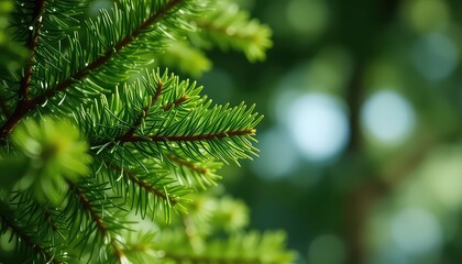 Fototapeta premium Evergreen branches reaching out, with fresh green needles and a soft bokeh background for a nature scene