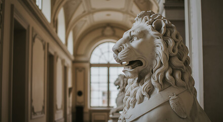 Majestic stone lion statues guarding an ornate hallway
