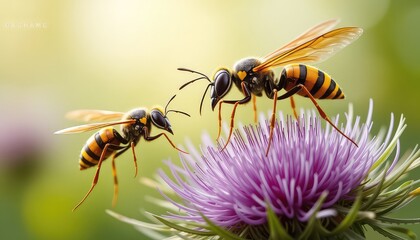 Two striped wasps with golden wings delicately explore a vibrant purple flower against a soft, blurred background.