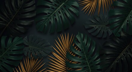 Elegant botanical arrangement featuring monstera leaves and golden palm fronds