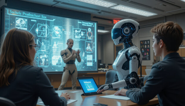 Futuristic business meeting with a sleek robot participating in a discussion, alongside human colleagues and interactive digital displays - Powered by Adobe