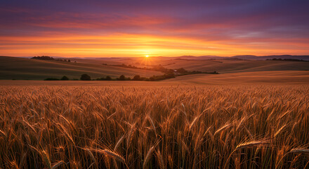 Golden wheat field bathed in a fiery sunset