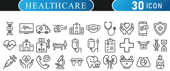 Healthcare icon set. Vector  of medicine, Blood, helicopter, mask, hospital, doctor, nurse, stethoscope, syringe, insurance, emergency, vaccine, pill, general health silhouette illustration.