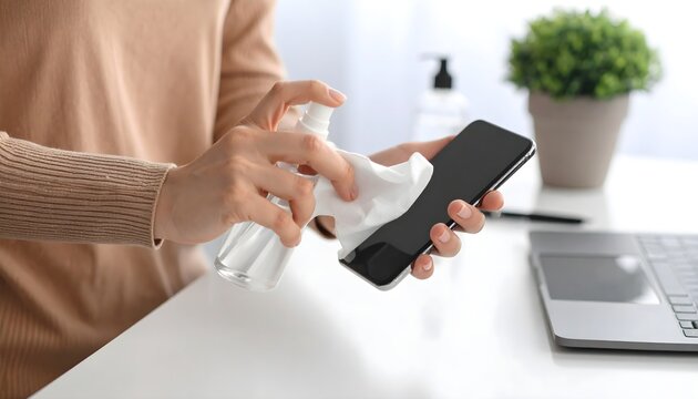 Person's hands cleaning a smartphone screen with a disinfectant spray and cloth, emphasizing hygiene and device care in a modern setting.