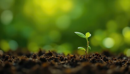 Small seedling emerges from rich dark earth, bathed in sunlight, against a backdrop of lush green foliage promoting growth and renewal