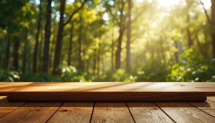 Wooden surface for product placement against blurred woodland background with sunlight filtering through trees, creating a natural and inviting atmosphere
