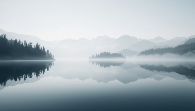 Silent Lake with Reflective Water, Forest Trees, and Distant Mountain Ranges on a Foggy Day
