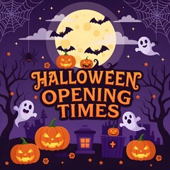 Halloween Opening Times | Fun and Whimsical Halloween Illustration with Jack-o’-Lanterns, Ghosts, Bats, Spider Webs, and Glowing Full Moon