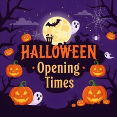 Halloween Opening Times | Fun and Whimsical Halloween Illustration with Jack-o’-Lanterns, Ghosts, Bats, Spider Webs, and Glowing Full Moon