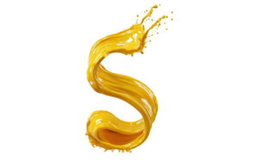 A dynamic, golden-yellow liquid S, flowing and splashing