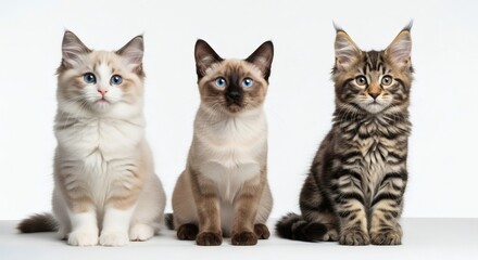 Portrait of three different cute cat breeds, a Ragdoll, Siamese, and Maine Coon, sitting in a row against a white background.
