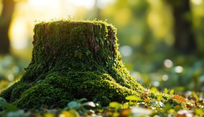 A Woodland Stump Covered in Lush Green Moss Bathed in Soft Sunlight, Surrounded by an Out of Focus Forest Backdrop