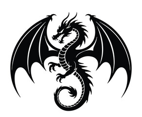 A black dragon with wings spread on white background