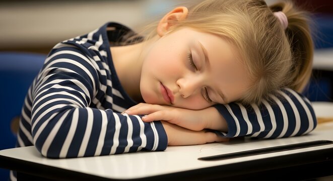 Young girl sleeping on her arms at a school desk closeup