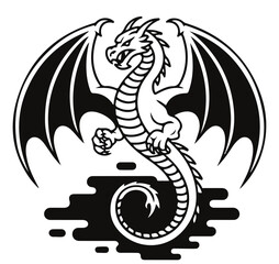 A dragon with wings and claws in black and white art