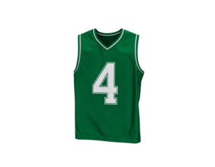 Dynamic Folded Green Basketball Jersey with Number 4 Angled Flat Lay Isolated on Transparent Background PNG
