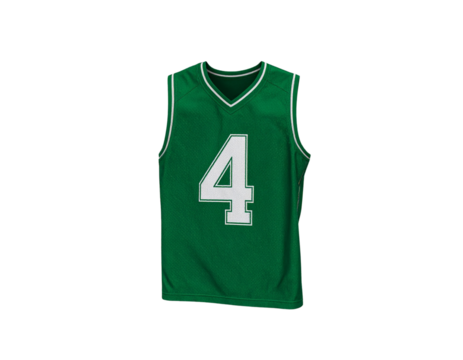 Dynamic Folded Green Basketball Jersey with Number 4 Angled Flat Lay Isolated on Transparent Background PNG