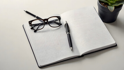Workspace with an open grid notebook, eyeglasses, and pens for business planning or creative writing.