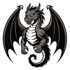 Illustration of a gray dragon with black wings spread