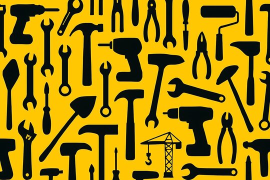 A vibrant collection of black silhouette hand and power tools arranged on a bright yellow background