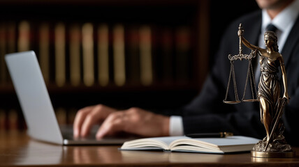 Obraz premium Bronze Statue of Justice with scales in elegant law office, wooden desk with laptop, legal documents, and lawyer’s hands working, warm lighting and bookshelves in professional legal consultation setti