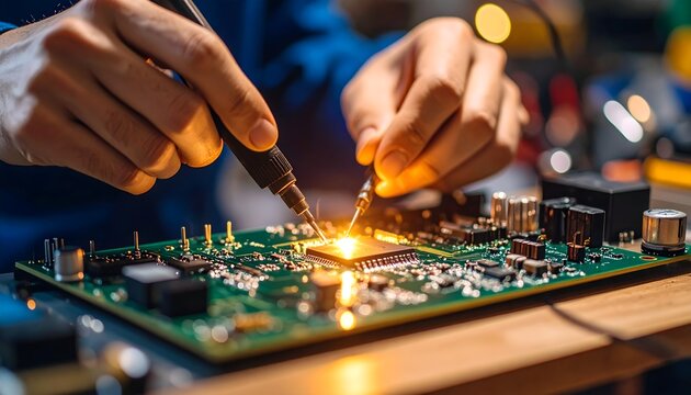 A technician's hands carefully solder a microchip onto a green printed circuit board in a workshop.