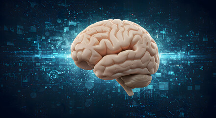 Realistic human brain with futuristic digital interface representing data analysis and artificial intelligence.