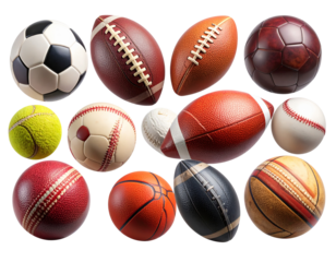 Floating Sports Balls Collection with Soft Shadows and Dynamic Perspective, Isolated on Transparent Background PNG
