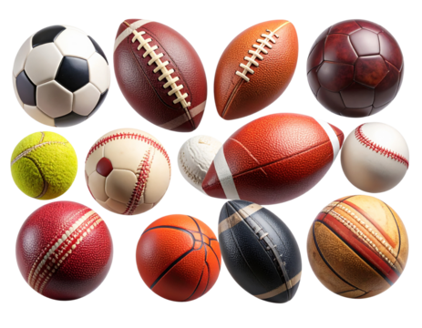 Floating Sports Balls Collection with Soft Shadows and Dynamic Perspective, Isolated on Transparent Background PNG