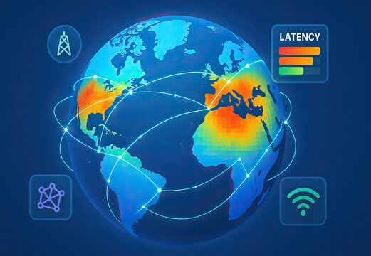 Global network connectivity map with latency heatmap, wireless signal, and communication tower icons showing data transmission routes and internet speed variations worldwide