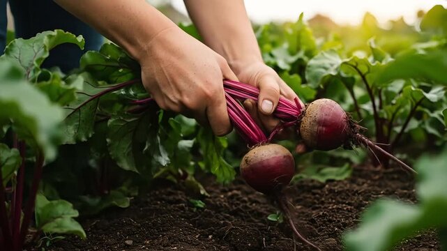Hands harvesting fresh beetroots from soil in a garden 