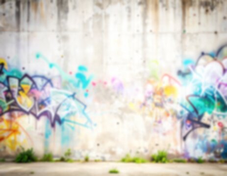 Soft, abstract background of an industrial concrete wall with colorful graffiti art. An urban, vibrant, and modern aesthetic with street style