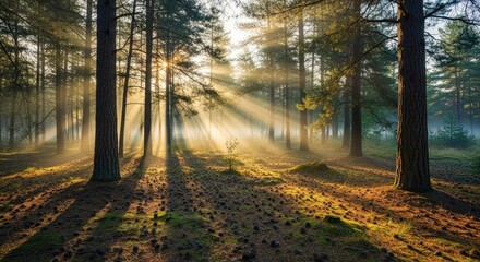 Obraz premium Sun Rays Streaming Through a Dense Forest, Creating a Magical and Serene Landscape