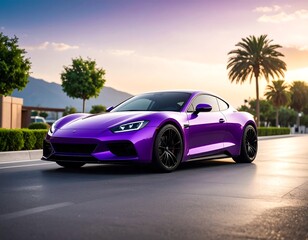 Fototapeta premium Purple sports car on a road at sunset, palm trees in background