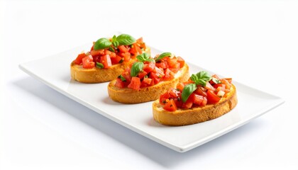 Three slices of bruschetta topped with fresh tomatoes and basil on a white plate