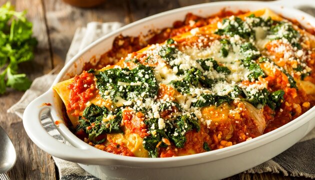 Baked manicotti dish with tomato sauce, spinach and cheese, a delicious Italian meal