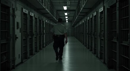 Correctional officer walking through dark prison corridor   - Powered by Adobe