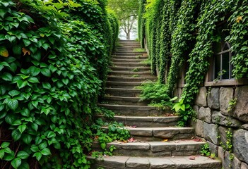 Obraz premium Overgrown stone stairs swallowed by lush, green vines, winding stairs, secret