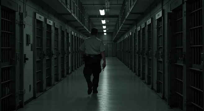 Correctional officer walking through dark prison corridor  