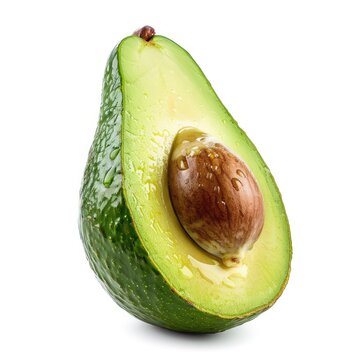 Half an avocado, angled, ripe, green, on white