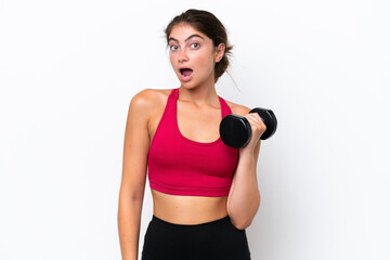 Young sport caucasian woman making weightlifting isolated on white background with surprise facial expression
