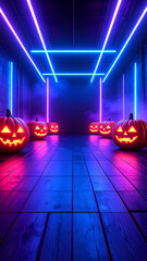 A modern Halloween party background featuring a row of glowing jack-o'-lanterns illuminated by vibrant neon lights. The floor reflects the colorful lights, while spooky fog adds to the festive.