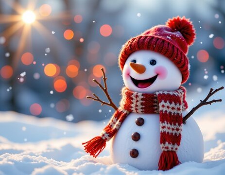 A festive winter holiday themed illustration or photograph featuring a close up of a cute and funny laughing snowman wearing a wool hat and sca