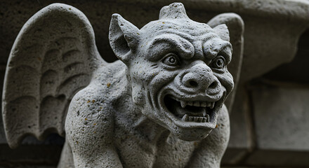 Stone gargoyle with fierce expression and leathery wings