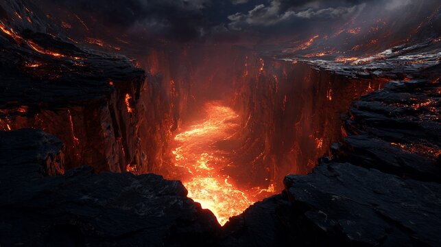 Lava river flows through a volcanic canyon - Powered by Adobe