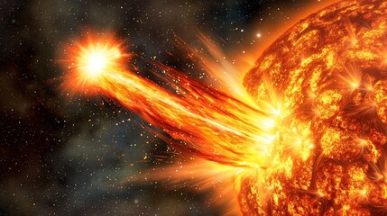 Close up of the surface of the sun with fiery solar flares bursting outward radiating intense energy into the space around them